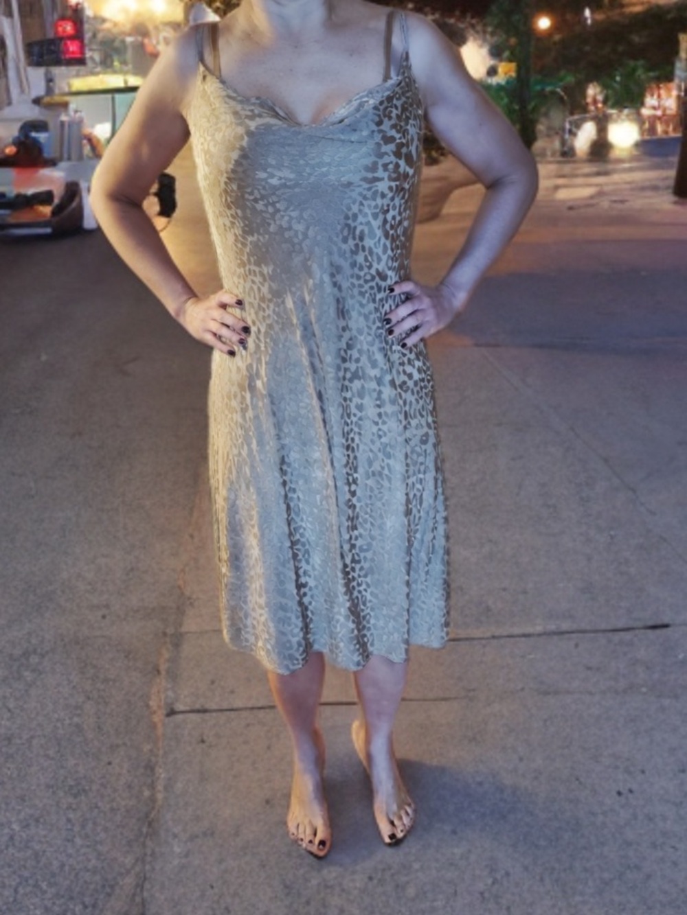 Gold/Beige Cowl Neck Midi Satin Slip Print Dress